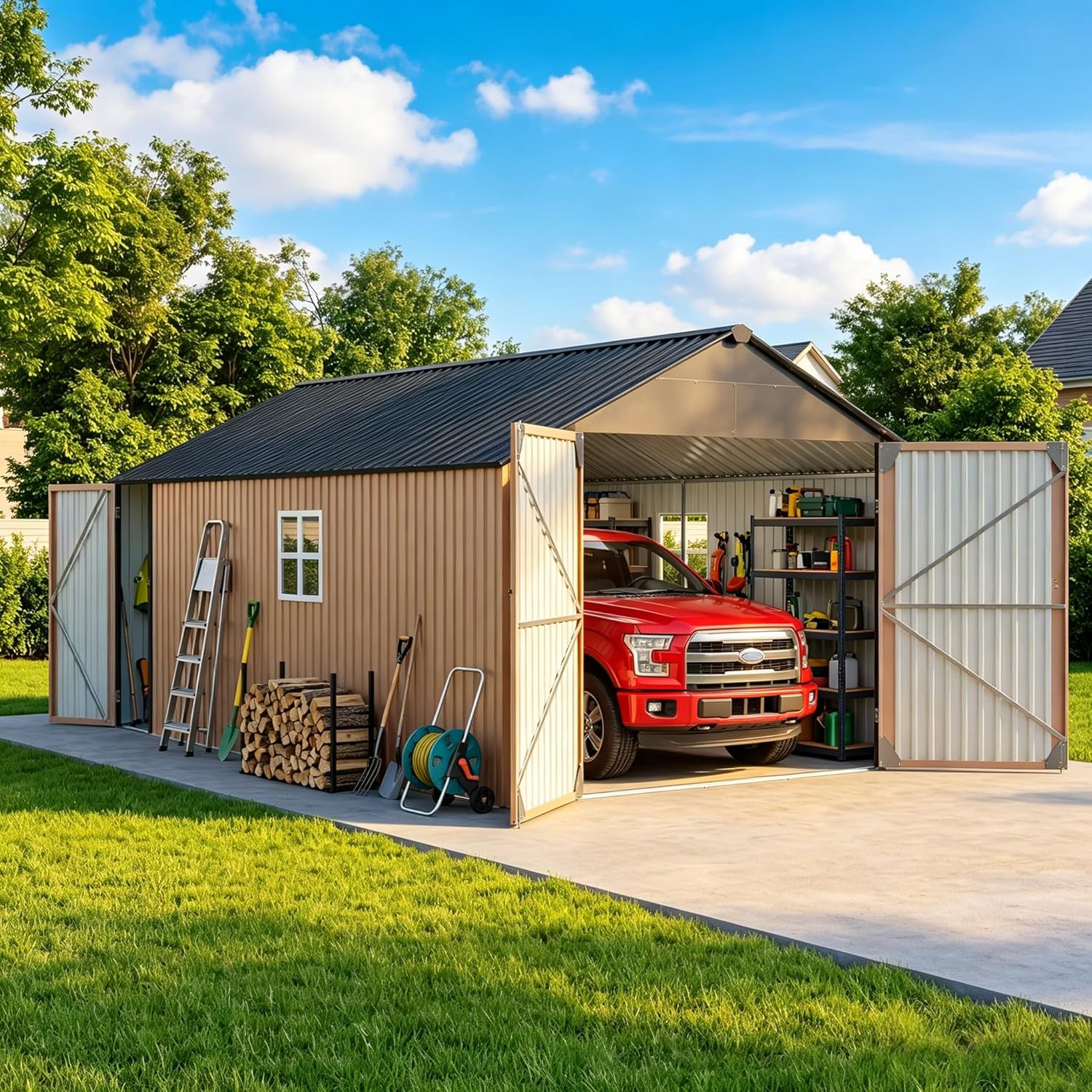 Aoxun metal storage shed review — full package contents showing panels, frame pieces, hardware bags, and assembly manual