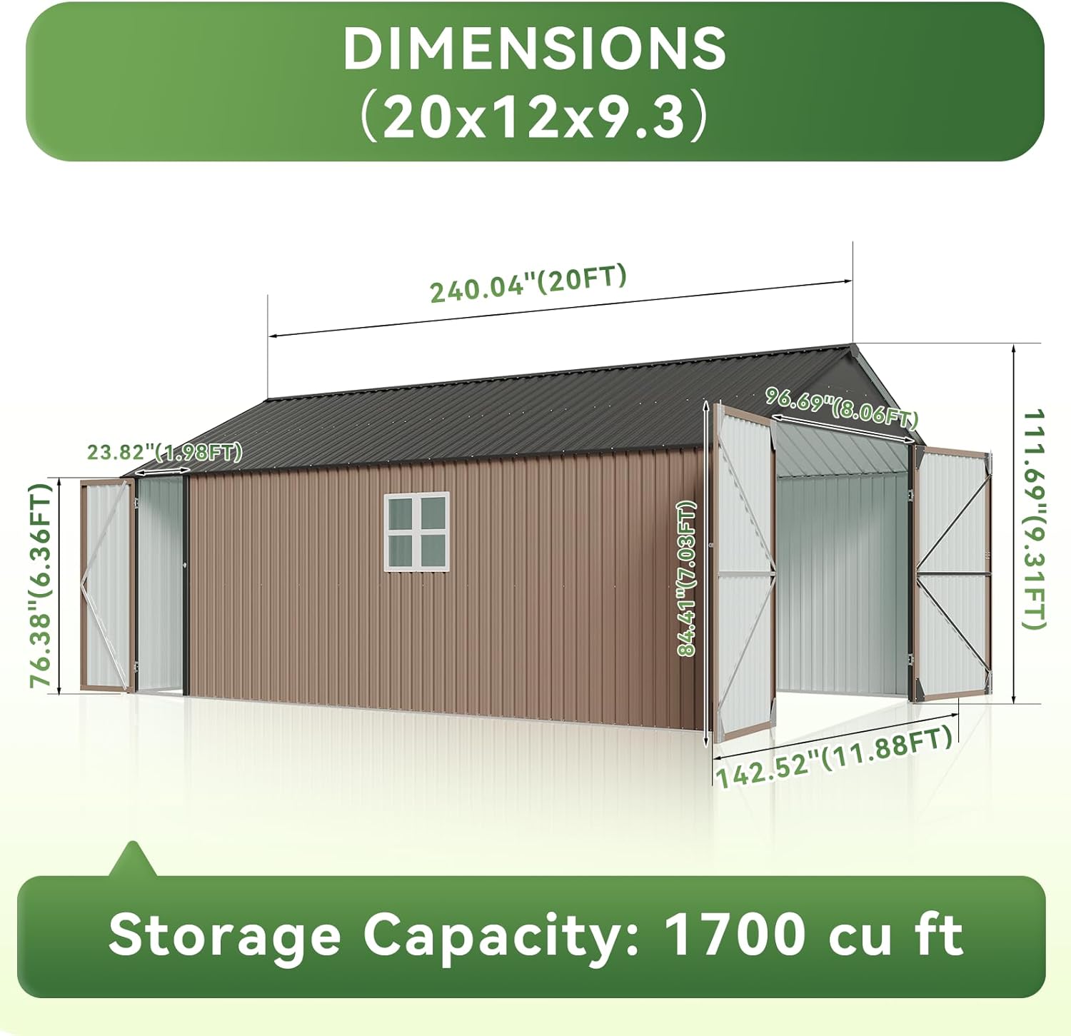 Aoxun metal storage shed review — design and build quality detail showing roof slope, panel seams, and frame joints