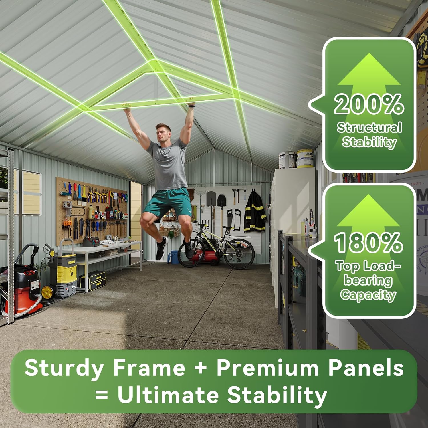 Aoxun metal storage shed review — performance test results showing water runoff, wind stability, and interior space usage
