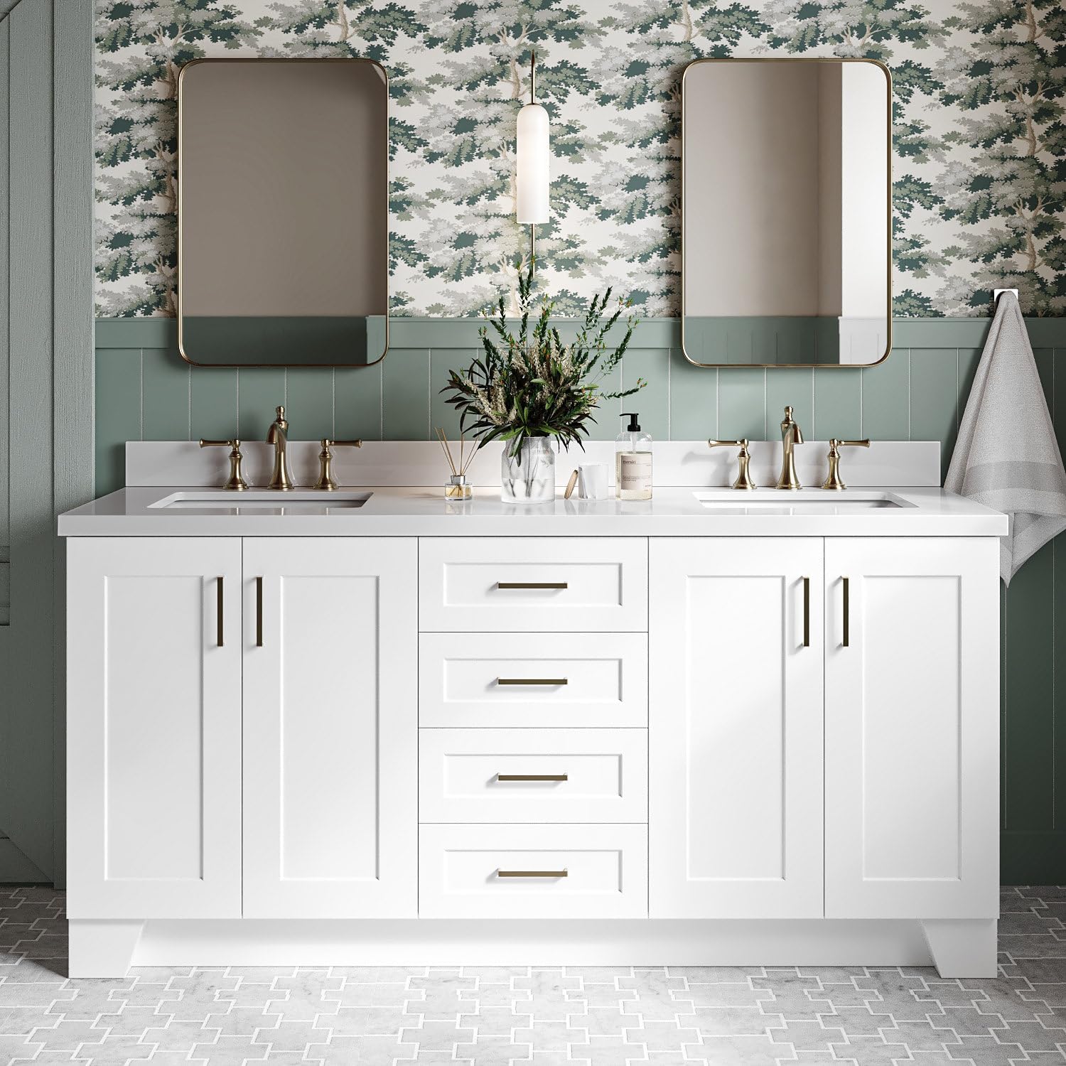 DKB Emilia 72 Inch bathroom vanity review — full package contents including vanity base, quartz top, undermount sinks, hardware, and backsplash