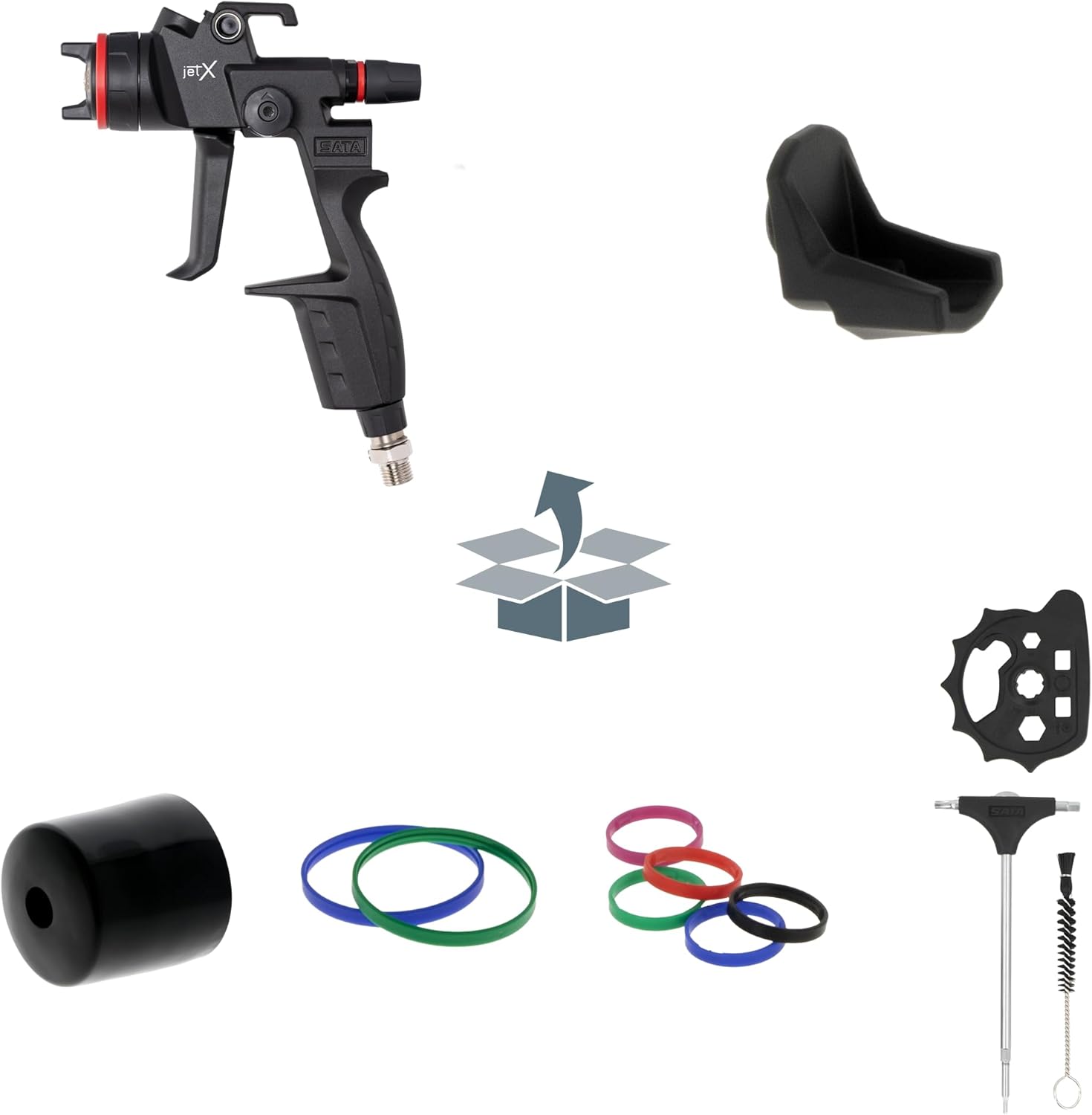 SATA Jet X review unboxing with spray gun, cup, and accessories